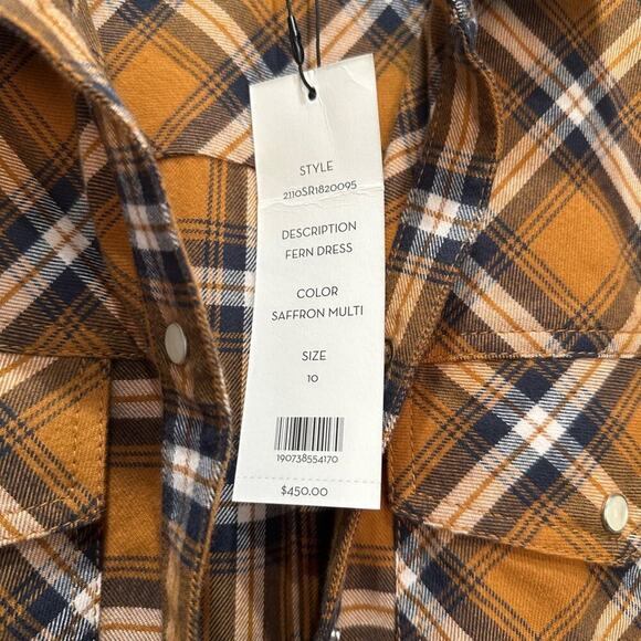 NWT Veronica Beard Fern Mini Shirt Dress Plaid Flannel Saffron Long Sleeve 10 - Picture 3 of 9